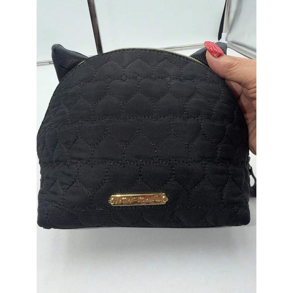 Betsey Johnson Black Quilted Heart Cat Face Cosmetic Bag Rhinestone Eyes Pouch